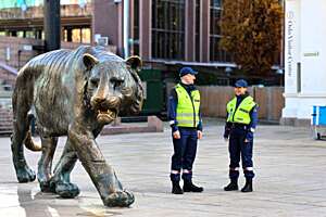 Dos guardias de seguridad de Securitas en uniforme de pie y hablando entre ellos junto a la estatua del tigre