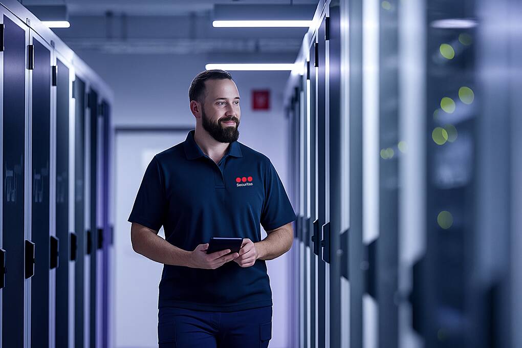 Security guards from Securitas walking in the server room of Operation center