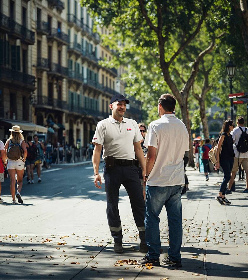 Securitas guard is talking to a person on the street
