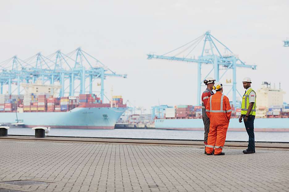Workers and site personnel at a commercial port, representing industry-specific security solutions for complex operational environments.