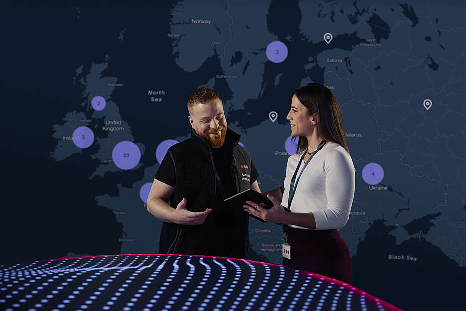 An operations center at Securitas where analysts prepare intelligence reports for clients.