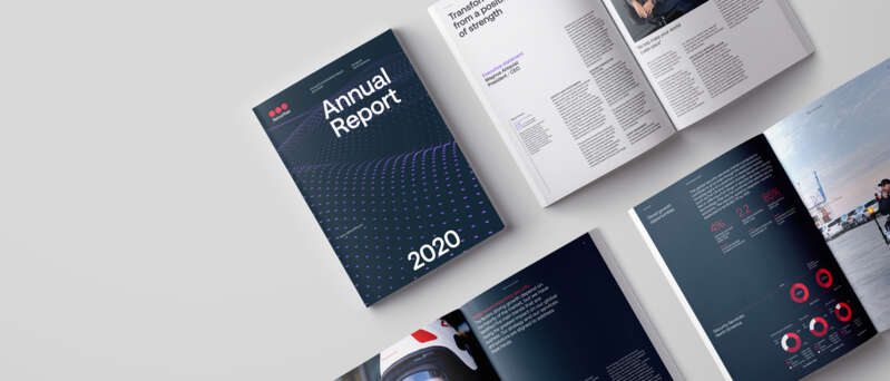 Image of annual report cover 2020 and pages with space to the left for web page heading